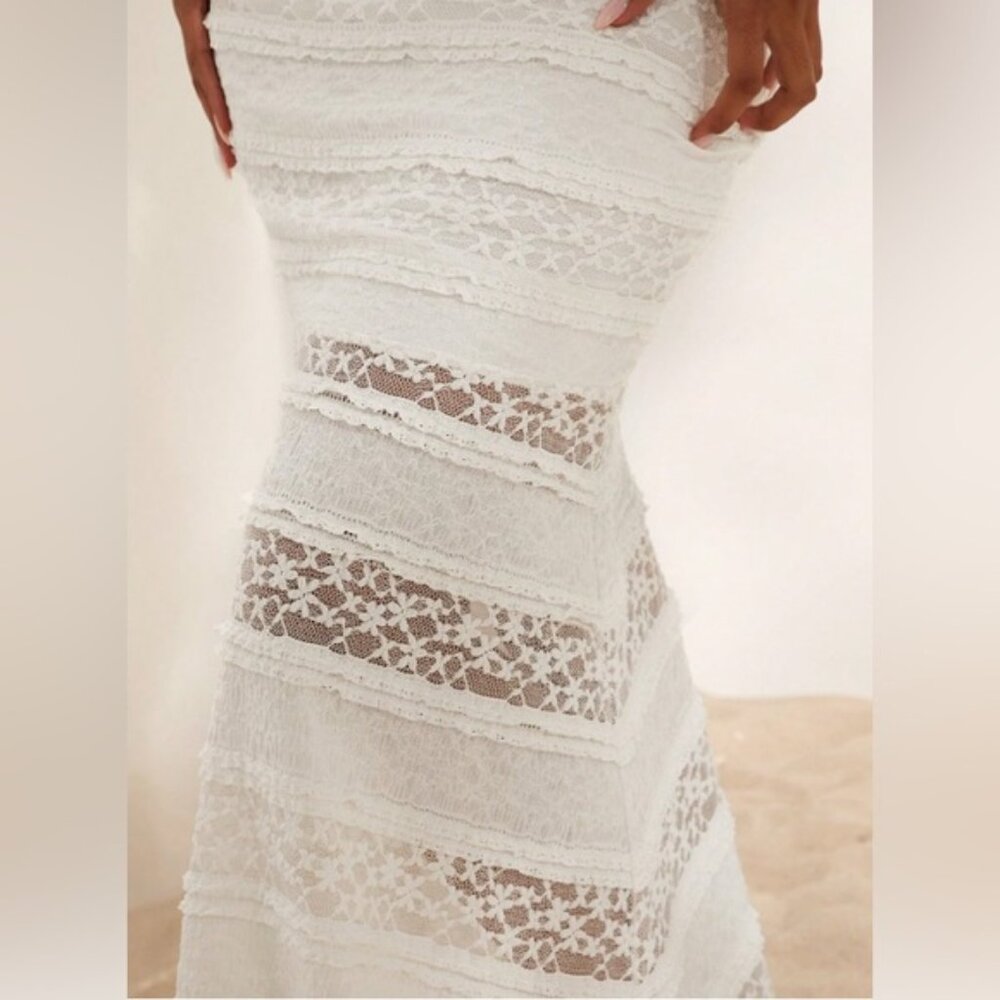 Knitted Lace Off Shoulder Form-Fitting Fish Tail Dress White - Picture 5 of 6